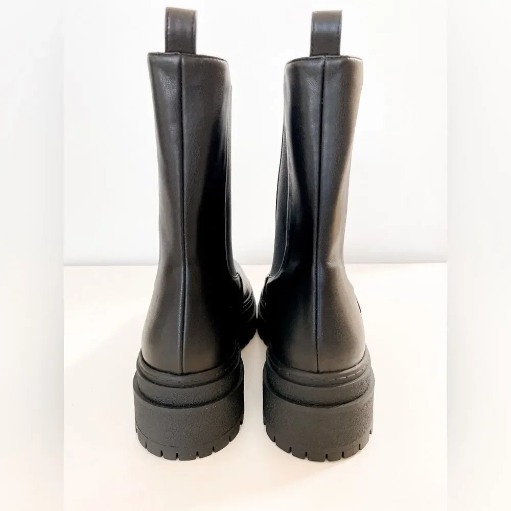 New Good American Black Leather Pull On Platform Boots - Picture 7 of 13